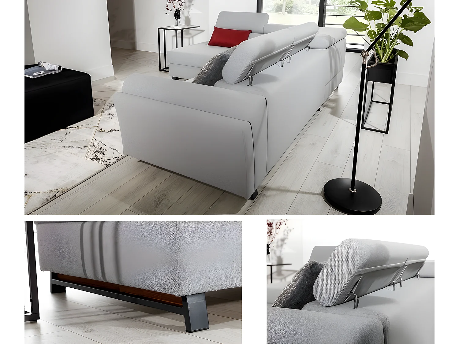 Canapé d'angle convertible - KARL - en tissu luxe - 5 places, gris, angle gauche (vu de face)