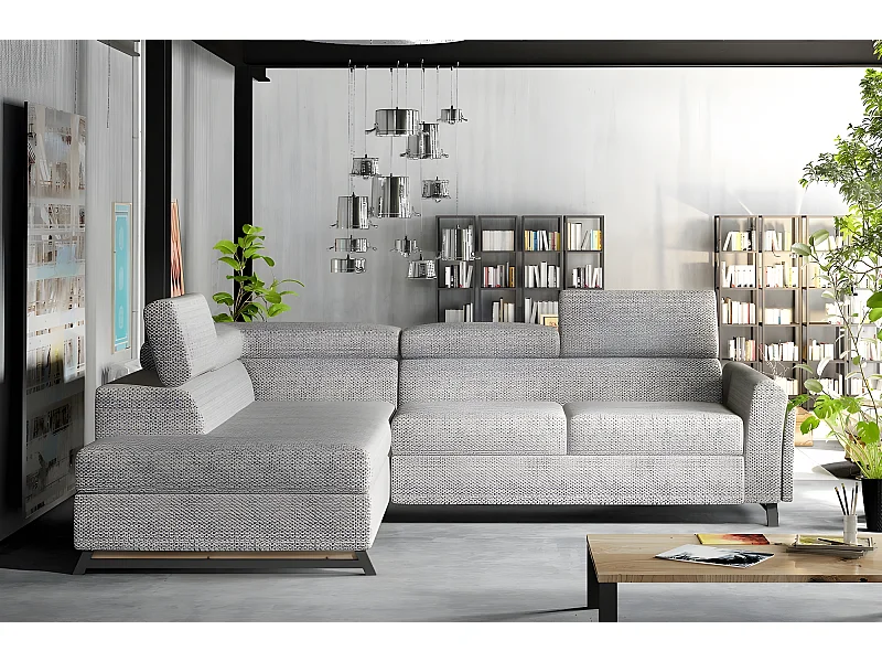 Hoekslaapbank van luxe stof KARL met opbergruimte en hoofdsteun, grijs, 5 zitplaatsen