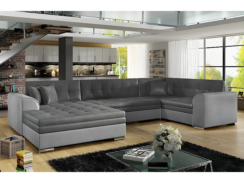 Canapé panoramique convertible - DAMIEN VELOURS - en tissu gris foncé et gris clair de qualité,  7 places, méridienne à gauche et angle à droite (vu de face)