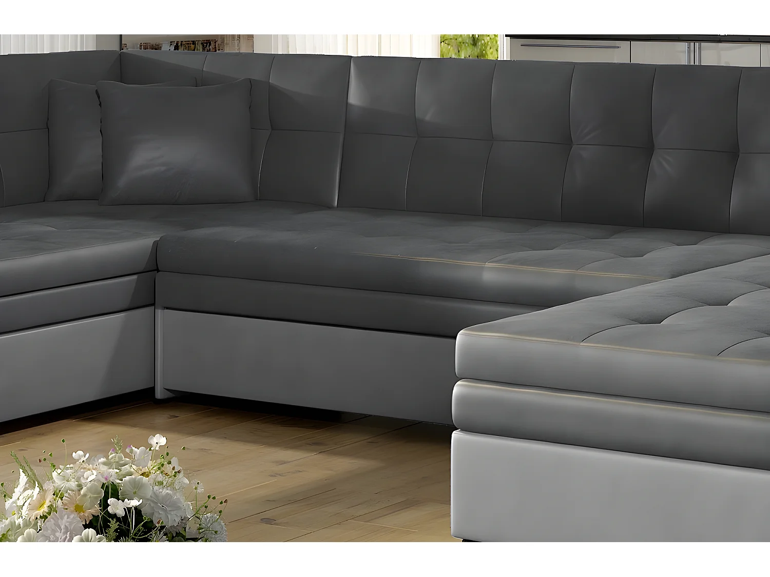 Canapé panoramique convertible - DAMIEN VELOURS - en tissu gris foncé et gris clair de qualité,  7 places, méridienne à gauche et angle à droite (vu de face)