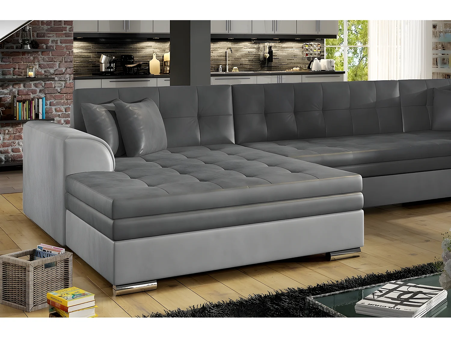 Canapé panoramique convertible - DAMIEN VELOURS - en tissu gris foncé et gris clair de qualité,  7 places, méridienne à gauche et angle à droite (vu de face)