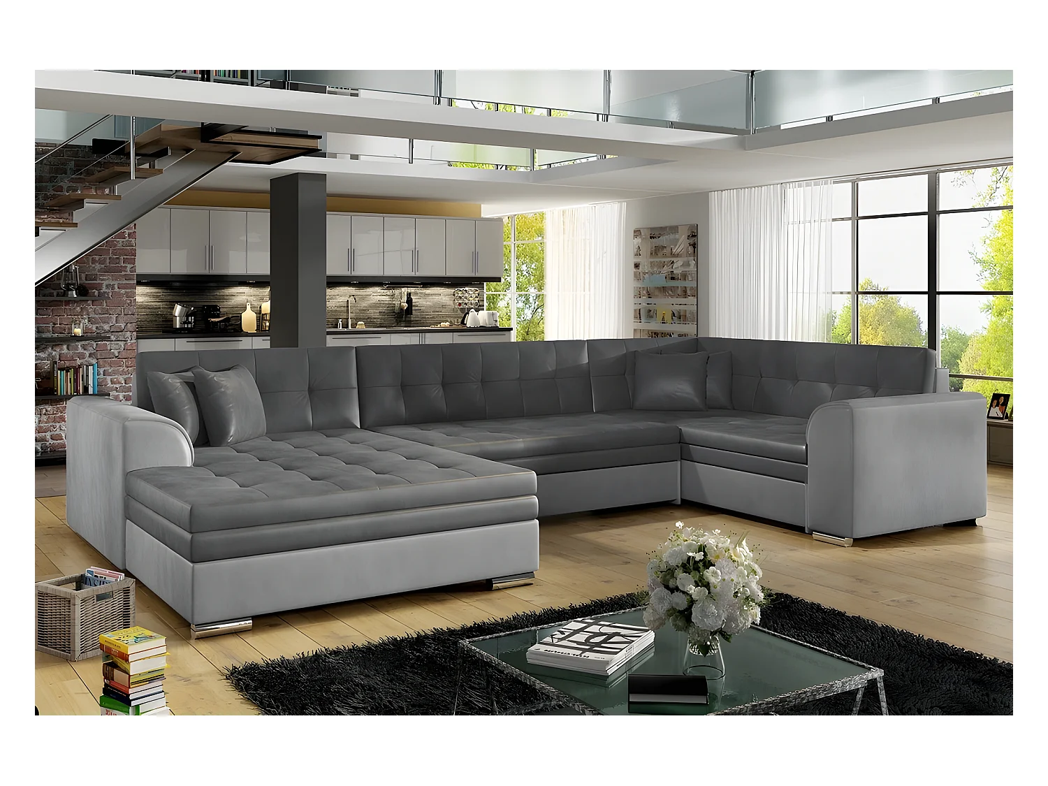Canapé panoramique convertible - DAMIEN VELOURS - en tissu gris foncé et gris clair de qualité,  7 places, méridienne à gauche et angle à droite (vu de face)