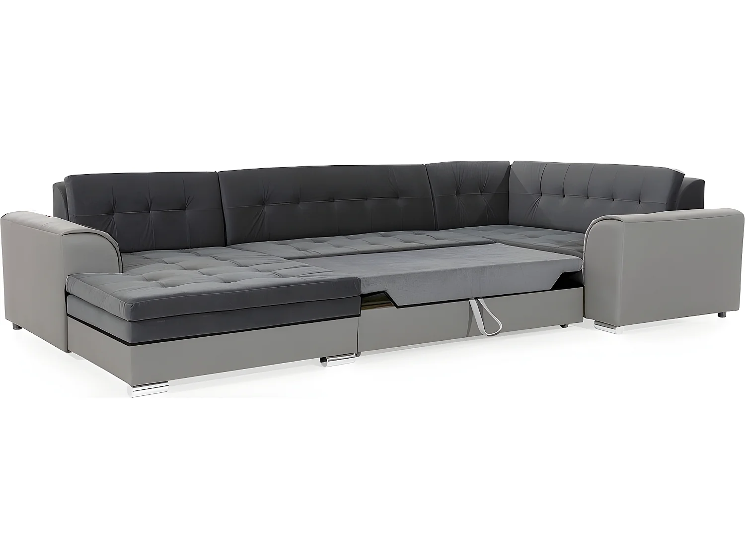 Canapé panoramique convertible - DAMIEN VELOURS - en tissu gris foncé et gris clair de qualité,  7 places, méridienne à gauche et angle à droite (vu de face)