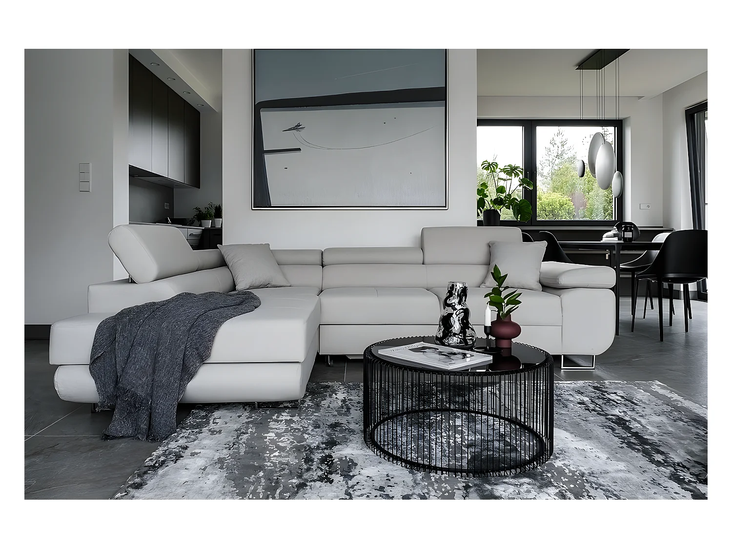 Hoekbank van luxe stof, 5 zitplaatsen ANNECY, lichtgrijs, strak en comfortabel design