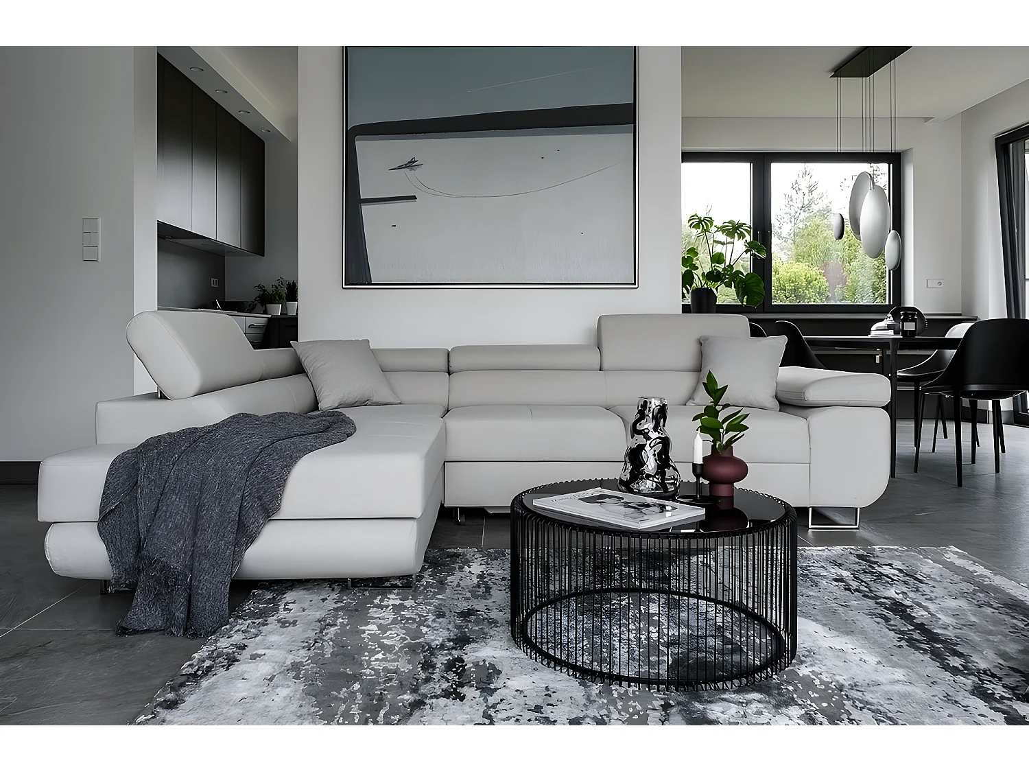 Canapé d'angle convertible en tissu luxe 5 places, ANNECY, couleur gris clair, angle gauche