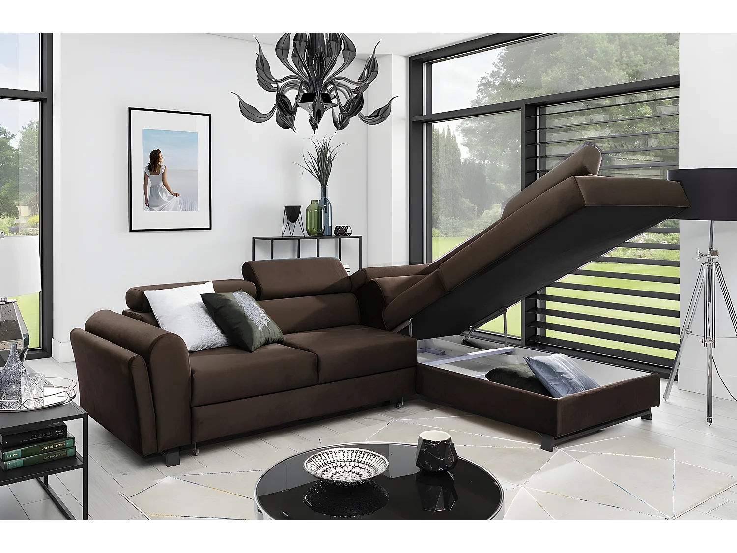 Canapé d'angle convertible - KARL VELOURS - en tissu prestige, 5 places, chocolat, angle droit (vu de face)