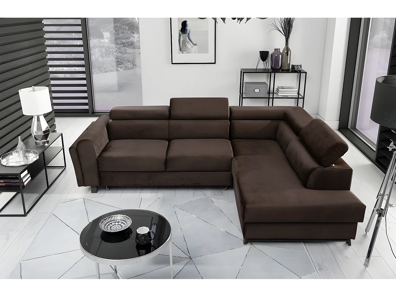 Canapé d'angle convertible - KARL VELOURS - en tissu prestige, 5 places, chocolat, angle droit (vu de face)