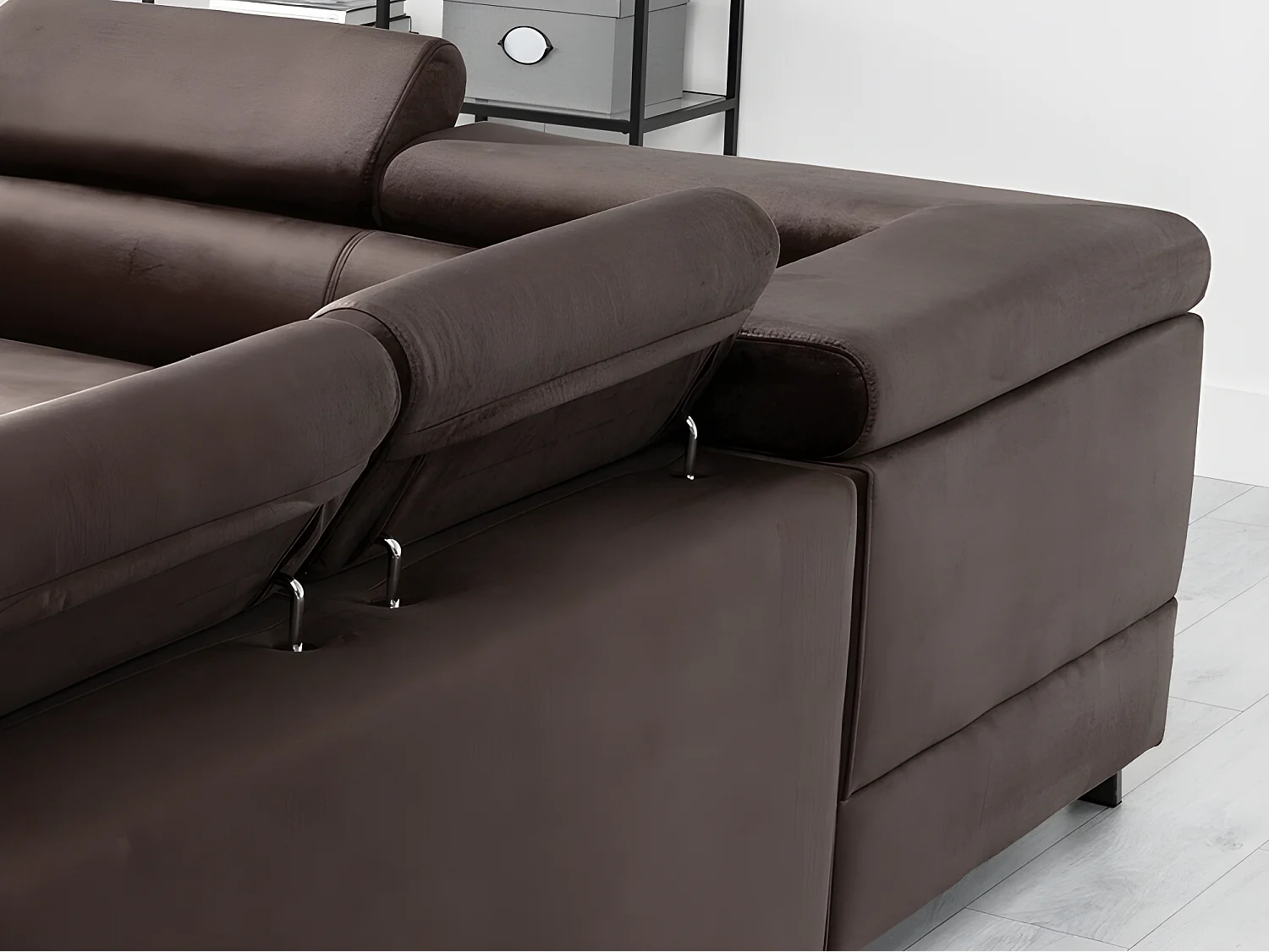 Canapé d'angle convertible - KARL VELOURS - en tissu prestige, 5 places, chocolat, angle droit (vu de face)