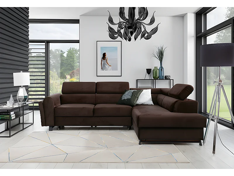 Hoekslaapbank van prestige stof met opbergbox - KARL VELOURS - 5 plaatsen - chocolade - rechterhoek