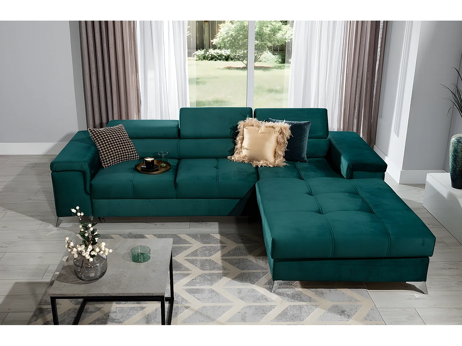 Canapé d'angle convertible en tissu velours luxe 5 places, RICHARD, vert, angle droit