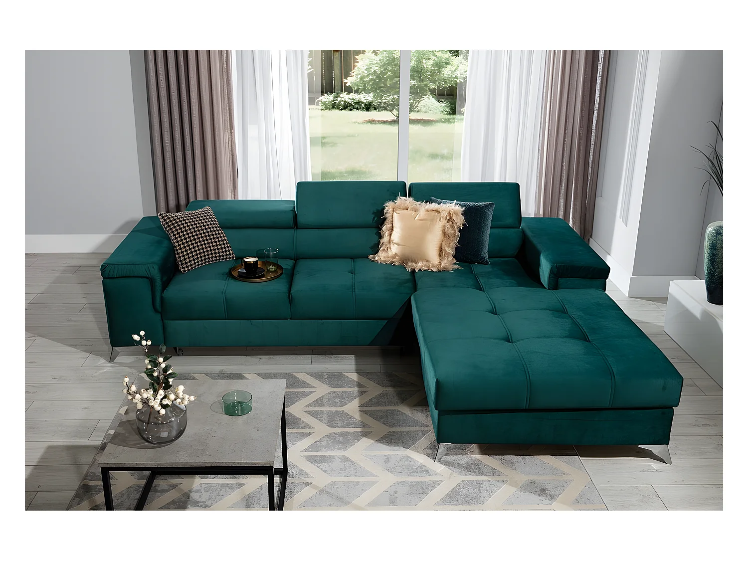 Canapé d'angle convertible en tissu velours luxe 5 places, RICHARD, vert, angle droit