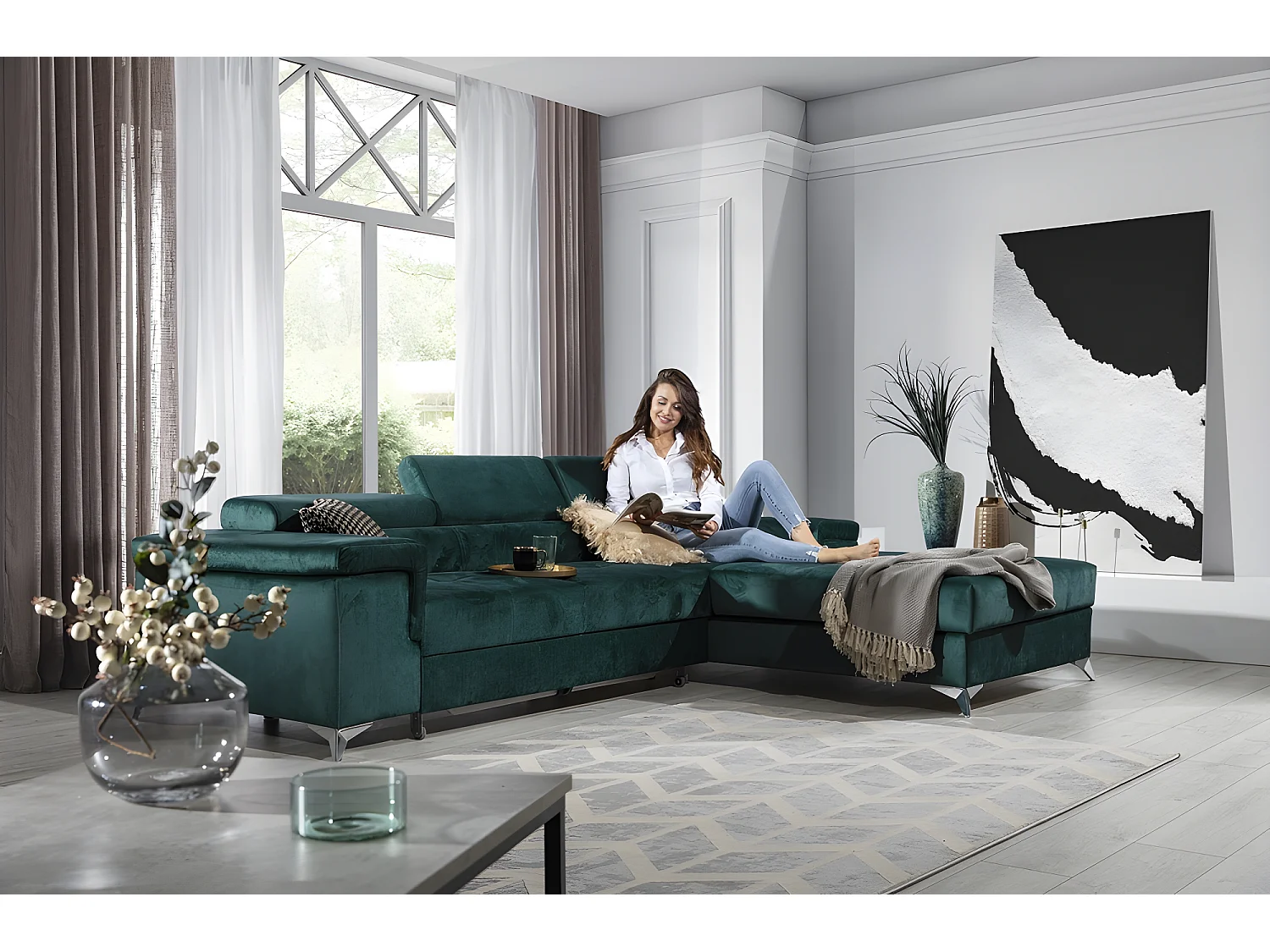 Canapé d'angle convertible en tissu velours luxe 5 places, RICHARD, vert, angle droit