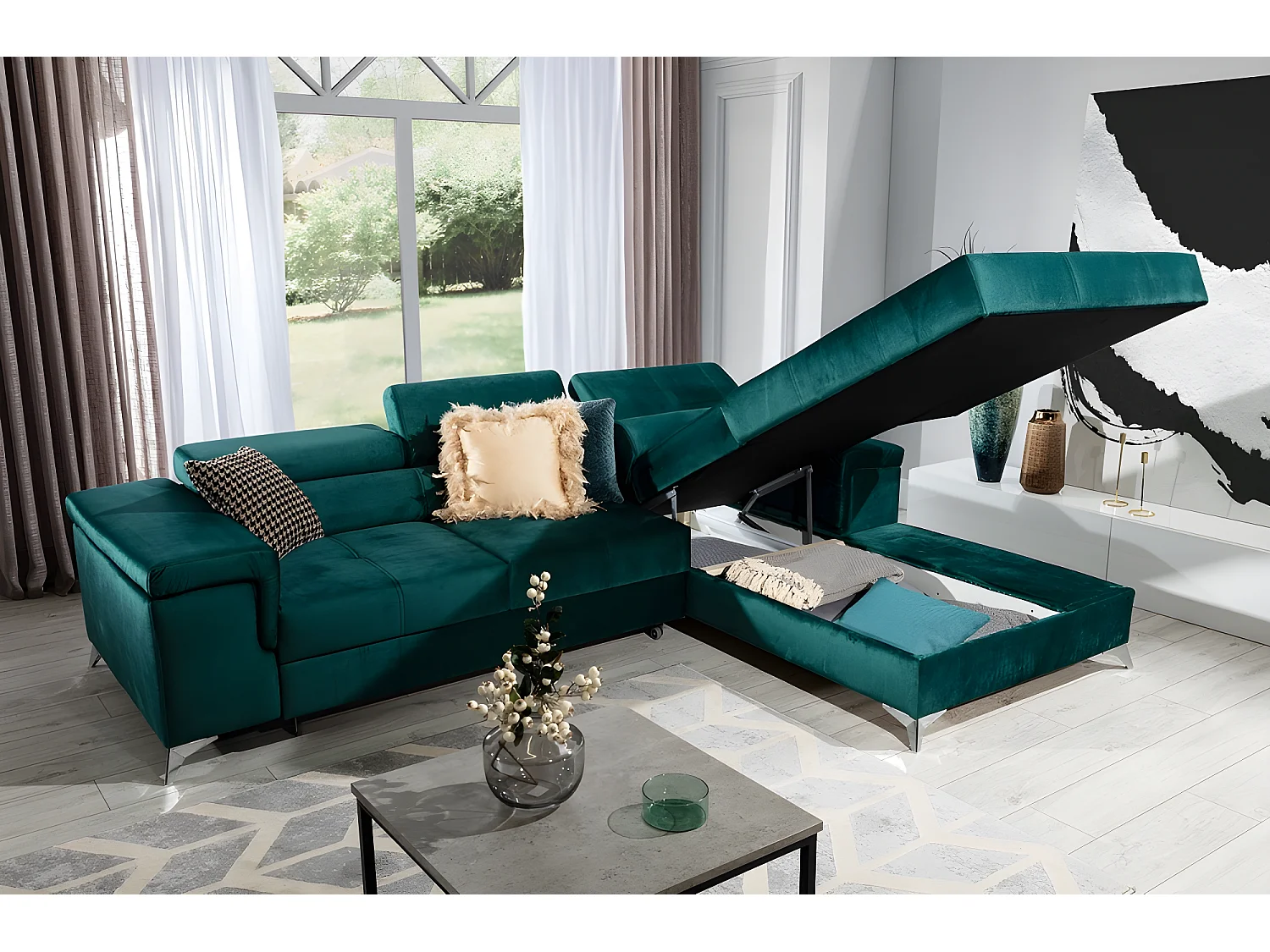 Canapé d'angle convertible en tissu velours luxe 5 places, RICHARD, vert, angle droit