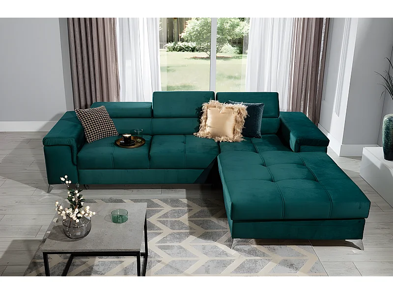 Canapé d'angle convertible en tissu velours luxe 5 places, RICHARD, vert, angle droit