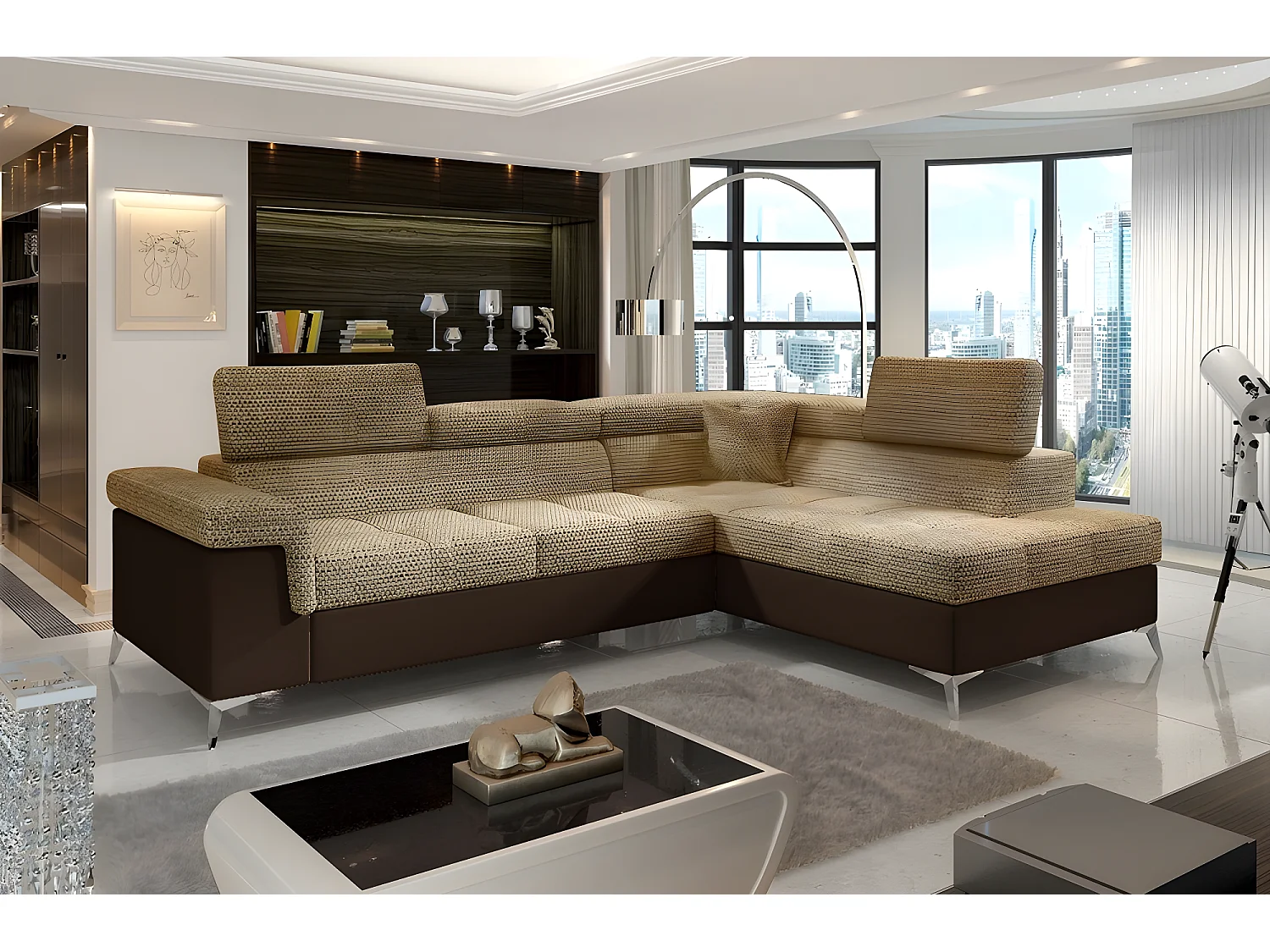 Canapé d'angle convertible - ERMAN - en tissu et simili 5 places, marron et chocolat, angle droit (vu de face)