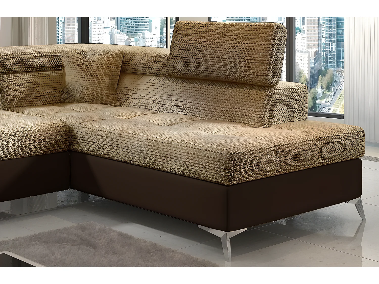 Canapé d'angle convertible - ERMAN - en tissu et simili 5 places, marron et chocolat, angle droit (vu de face)