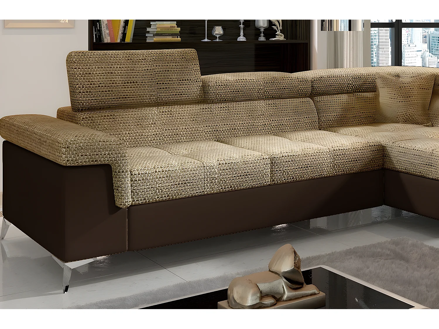 Canapé d'angle convertible - ERMAN - en tissu et simili 5 places, marron et chocolat, angle droit (vu de face)