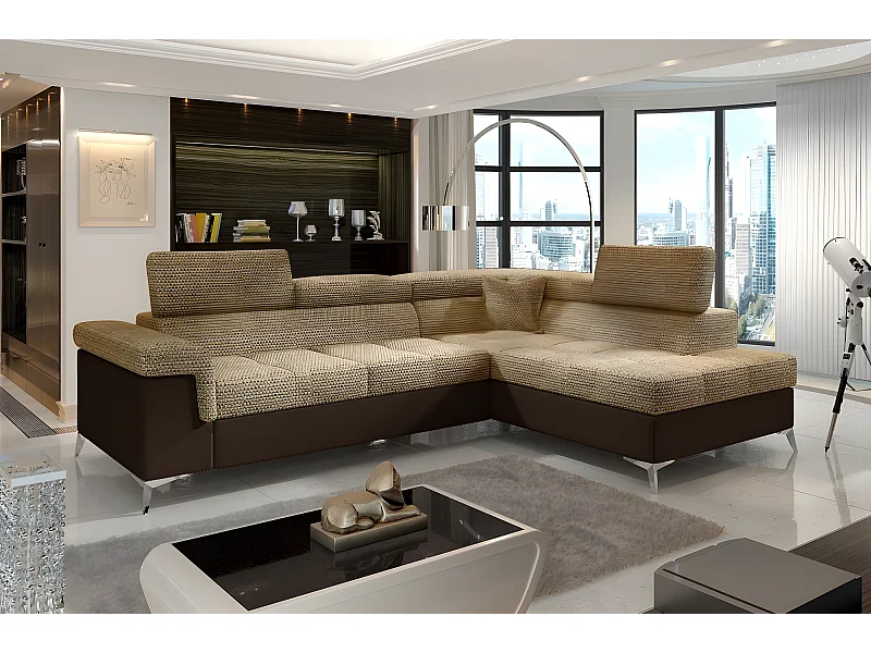 Canapé d'angle convertible - ERMAN - en tissu et simili 5 places, marron et chocolat, angle droit (vu de face)