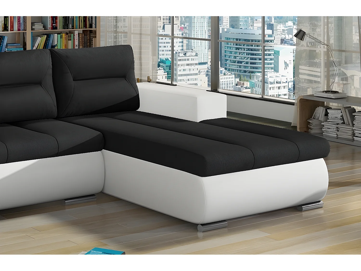 Canapé d'angle convertible en tissu luxe noir et simili cuir blanc, 5 places, angle droit (vu de face) - OTELLO