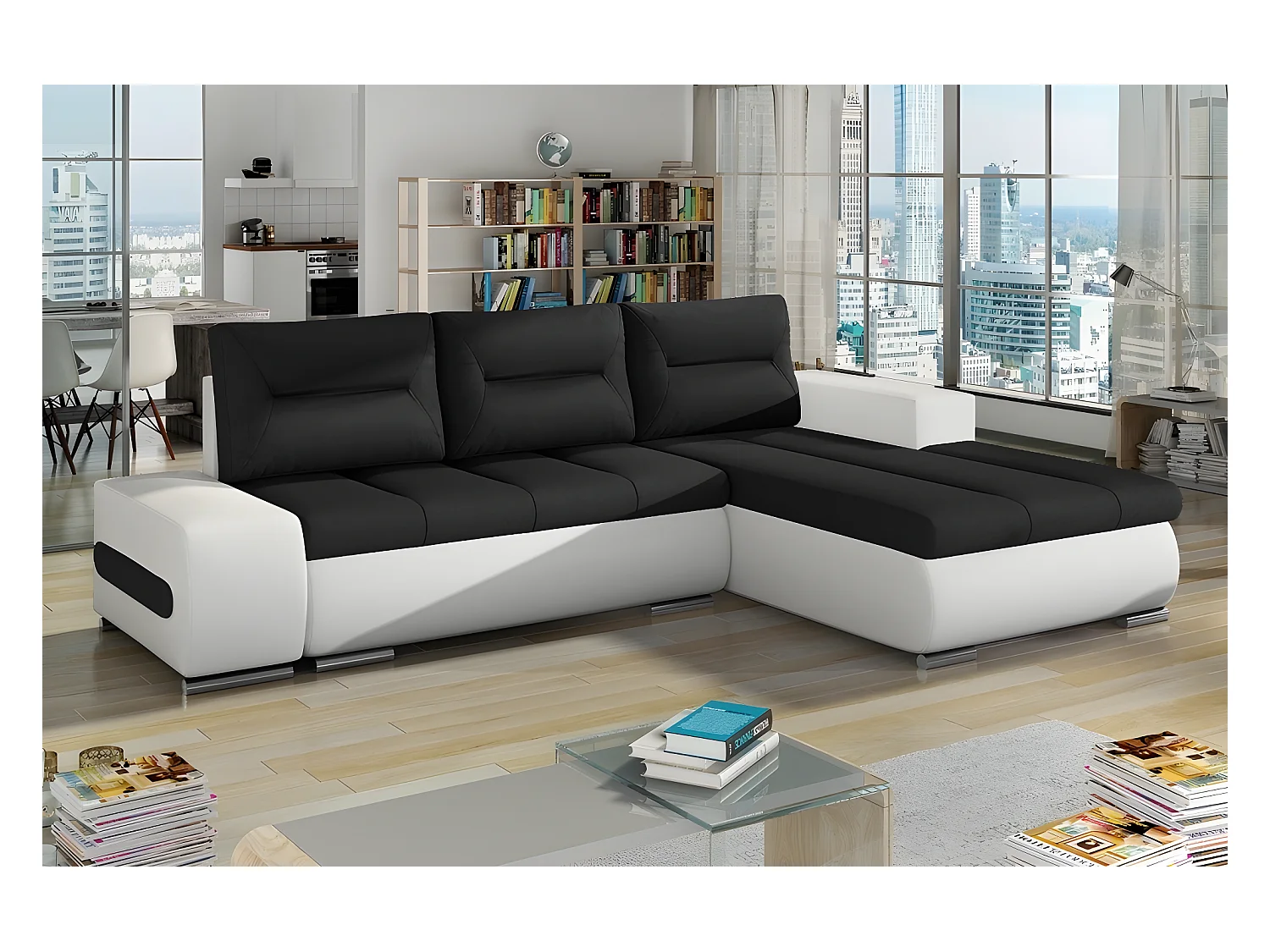 Canapé d'angle convertible en tissu luxe noir et simili cuir blanc, 5 places, angle droit (vu de face) - OTELLO
