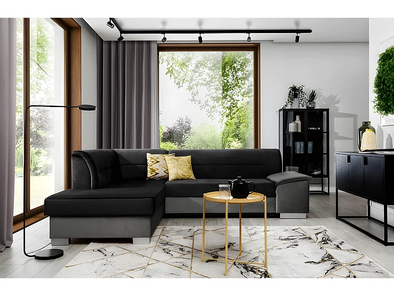 Canapé d'angle convertible en tissu luxe 5 places, avec coffre, noir et gris clair, angle gauche (vu de face), VERTU VELOURS
