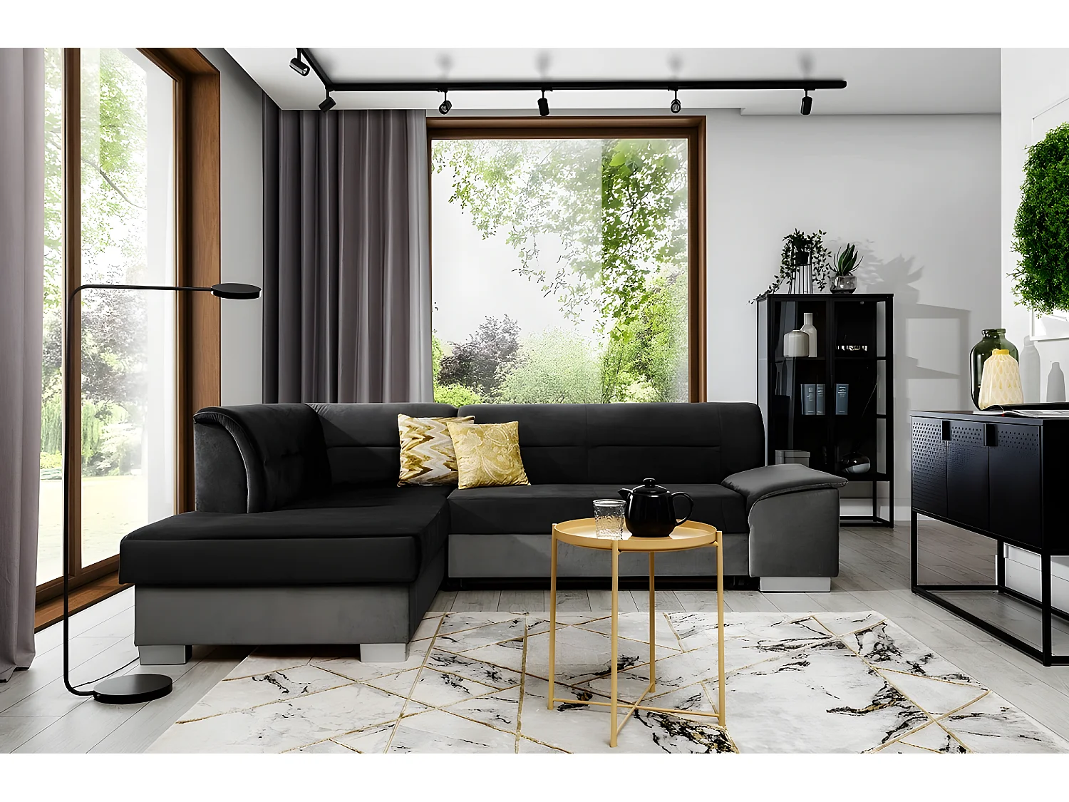 Canapé d'angle convertible en tissu luxe 5 places, avec coffre, noir et gris clair, angle gauche (vu de face), VERTU VELOURS