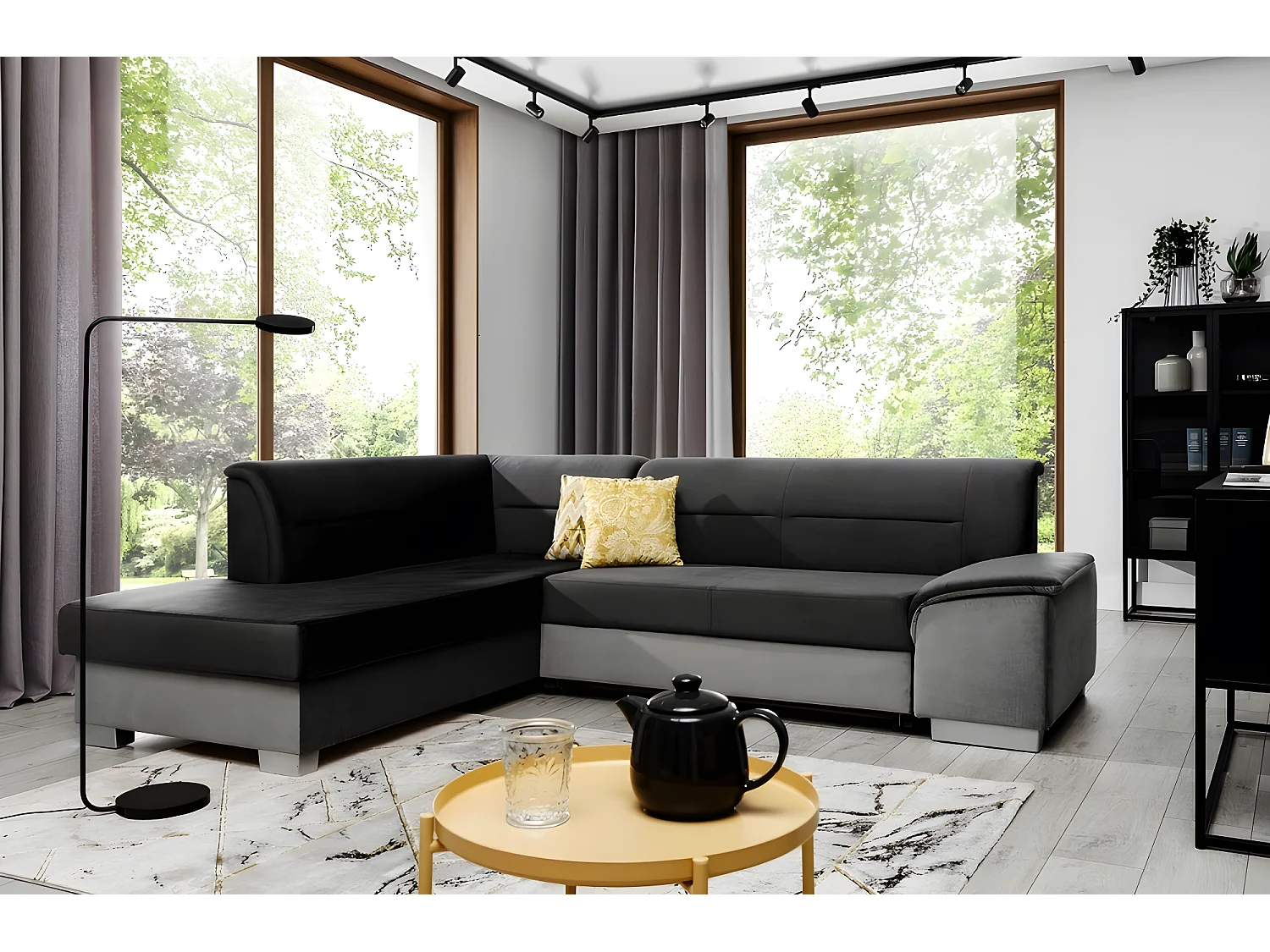 Canapé d'angle convertible en tissu luxe 5 places, avec coffre, noir et gris clair, angle gauche (vu de face), VERTU VELOURS