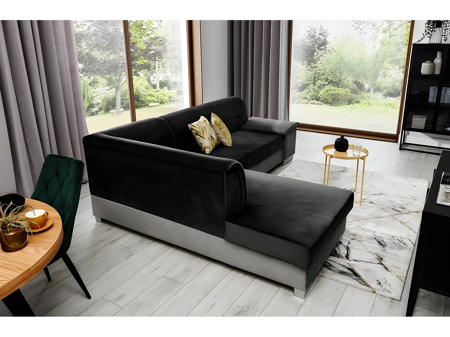 Canapé d'angle convertible en tissu luxe 5 places, avec coffre, noir et gris clair, angle gauche (vu de face), VERTU VELOURS