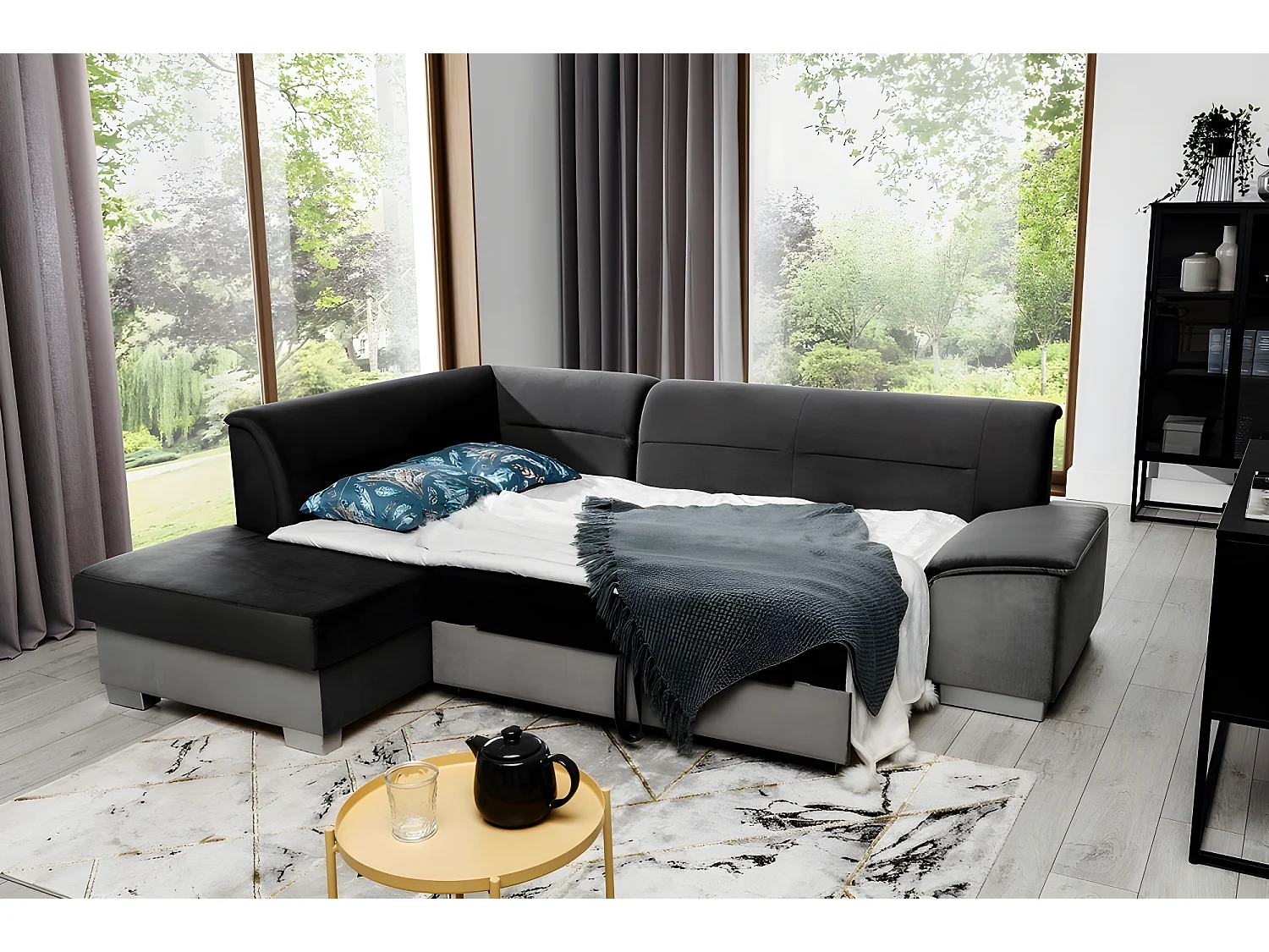 Canapé d'angle convertible en tissu luxe 5 places, avec coffre, noir et gris clair, angle gauche (vu de face), VERTU VELOURS