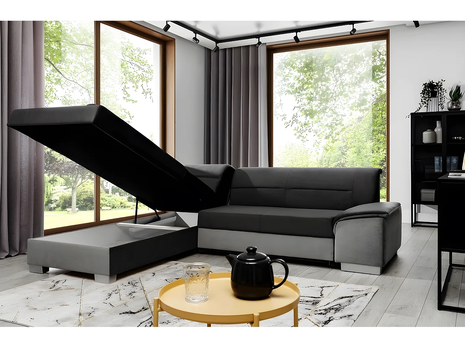 Canapé d'angle convertible en tissu luxe 5 places, avec coffre, noir et gris clair, angle gauche (vu de face), VERTU VELOURS
