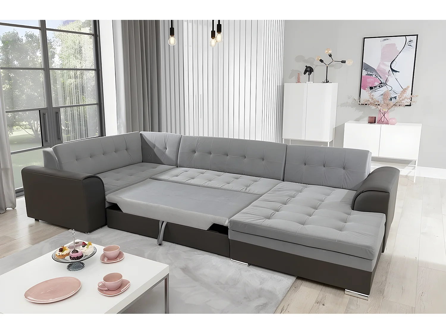 Canapé panoramique convertible - DAMIEN VELOURS - en tissu gris clair gris foncé de qualité, 7 places, gris, méridienne à droite et angle à gauche (vu de face)