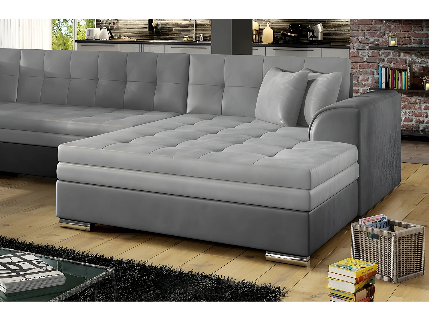 Canapé panoramique convertible - DAMIEN VELOURS - en tissu gris clair gris foncé de qualité, 7 places, gris, méridienne à droite et angle à gauche (vu de face)