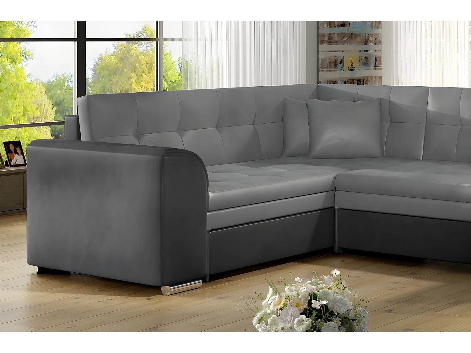 Canapé panoramique convertible - DAMIEN VELOURS - en tissu gris clair gris foncé de qualité, 7 places, gris, méridienne à droite et angle à gauche (vu de face)