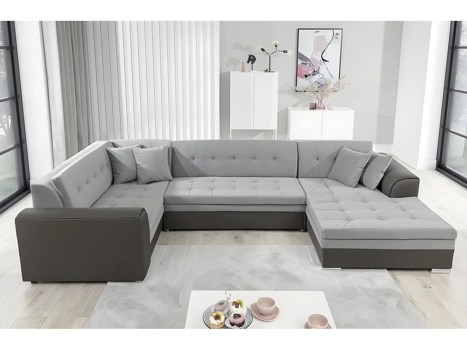 Canapé panoramique convertible - DAMIEN VELOURS - en tissu gris clair gris foncé de qualité, 7 places, gris, méridienne à droite et angle à gauche (vu de face)