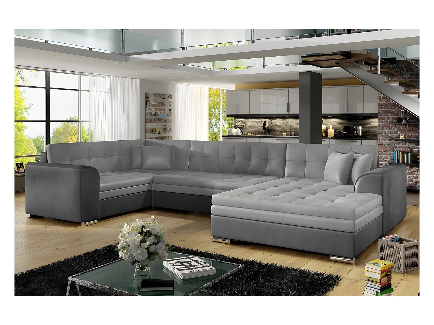 Canapé panoramique convertible - DAMIEN VELOURS - en tissu gris clair gris foncé de qualité, 7 places, gris, méridienne à droite et angle à gauche (vu de face)