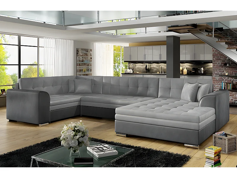 Canapé panoramique convertible - DAMIEN VELOURS - en tissu gris clair gris foncé de qualité, 7 places, gris, méridienne à droite et angle à gauche (vu de face)