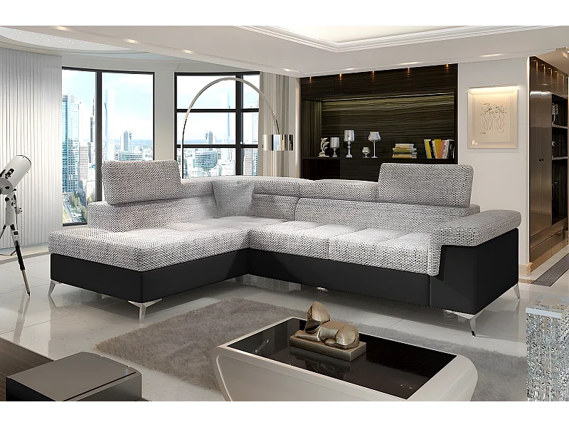 Canapé d'angle convertible - ERMAN - en tissu et simili 5 places, gris et noir, angle gauche (vu de face)