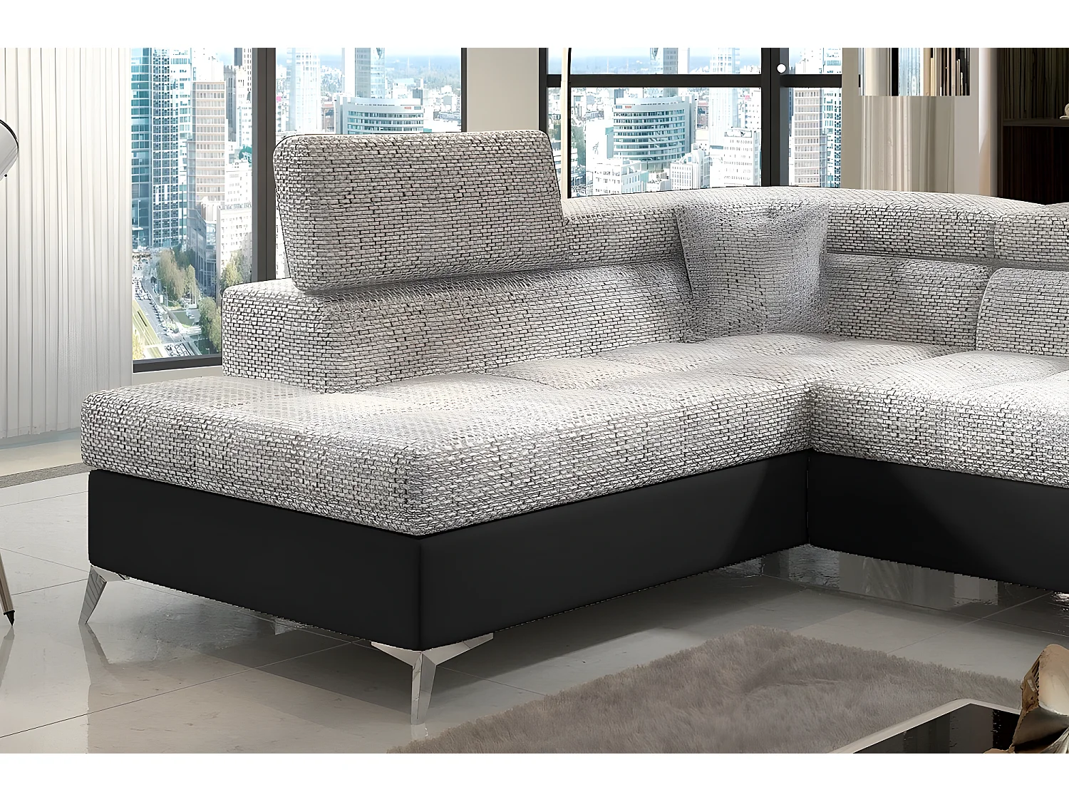 Canapé d'angle convertible - ERMAN - en tissu et simili 5 places, gris et noir, angle gauche (vu de face)