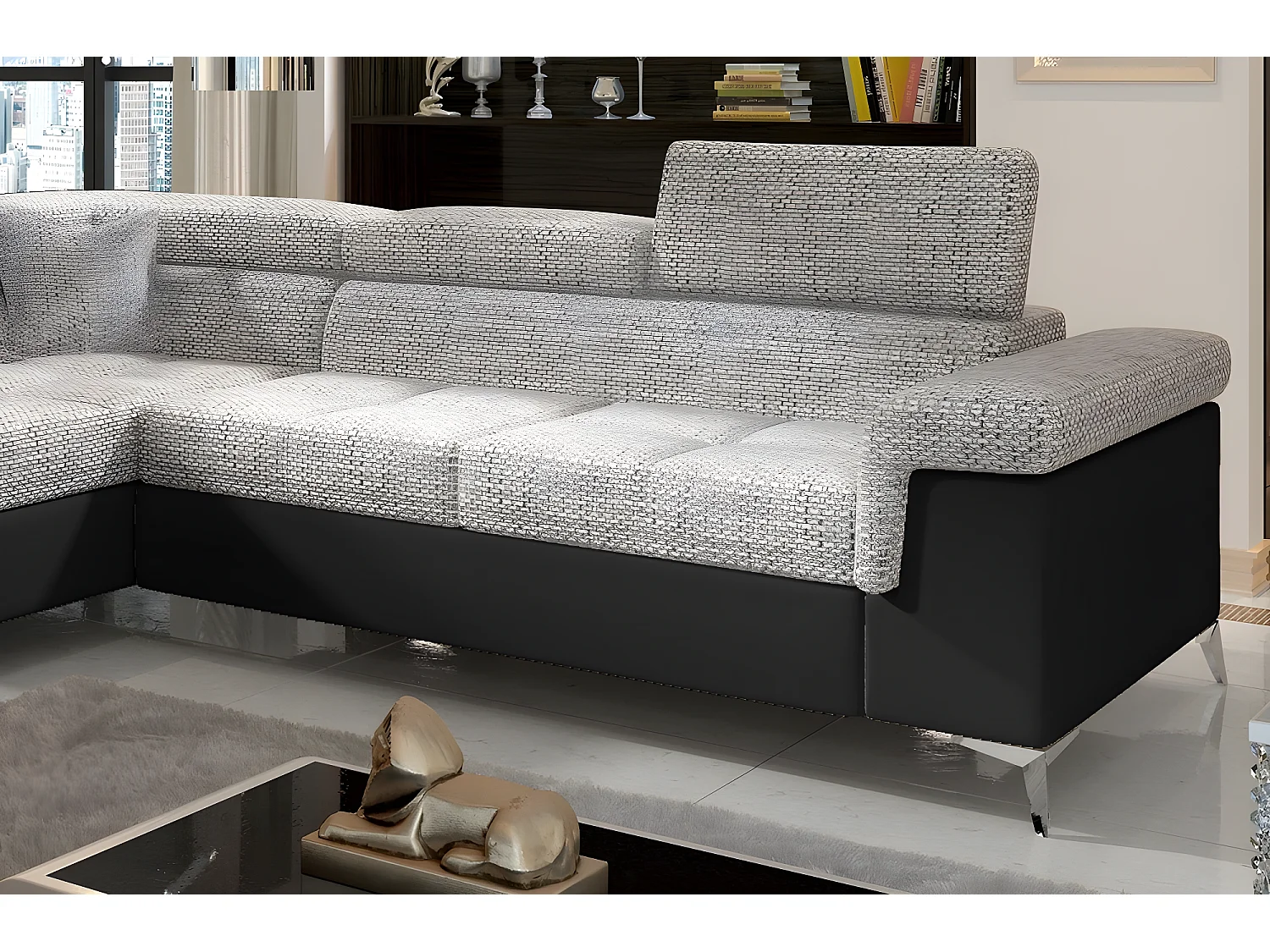 Canapé d'angle convertible - ERMAN - en tissu et simili 5 places, gris et noir, angle gauche (vu de face)