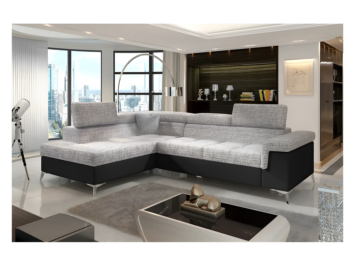 Canapé d'angle convertible - ERMAN - en tissu et simili 5 places, gris et noir, angle gauche (vu de face)