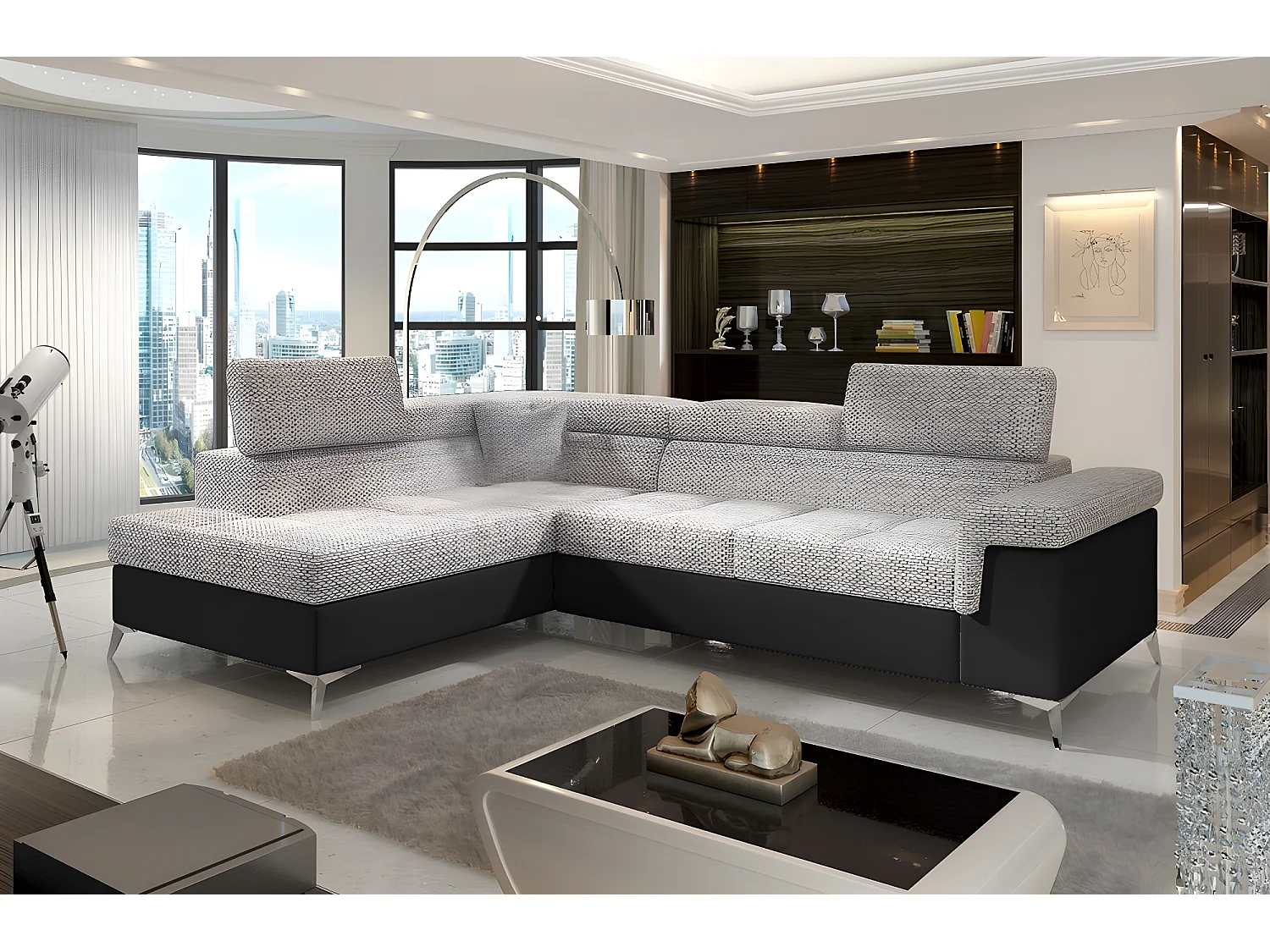 Canapé d'angle convertible - ERMAN - en tissu et simili 5 places, gris et noir, angle gauche (vu de face)