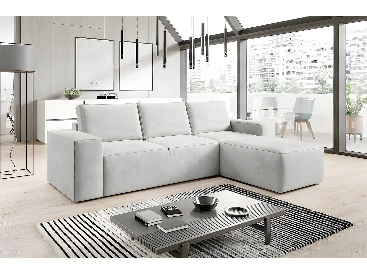 Canapé d'angle convertible - SIDNEY VELOURS - en tissu Luxe - 5/6 places, blanc cassé, angle droit (vu de face)