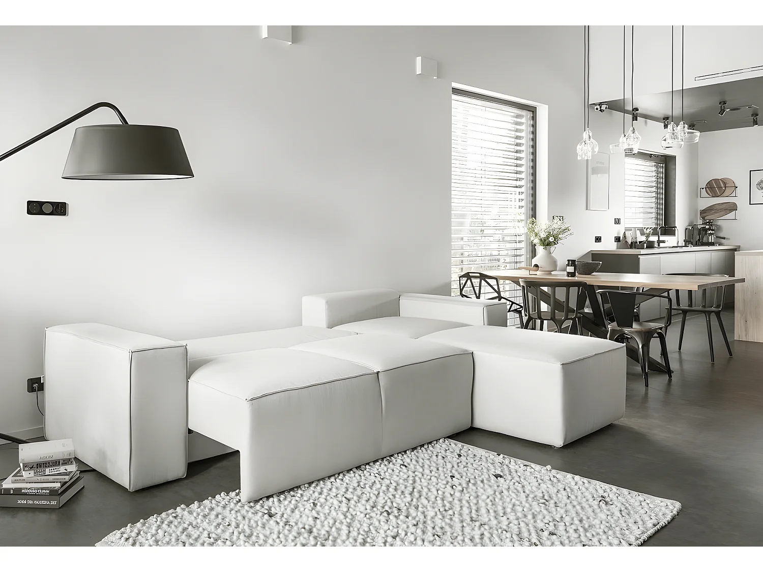 Canapé d'angle convertible - SIDNEY VELOURS - en tissu Luxe - 5/6 places, blanc cassé, angle droit (vu de face)