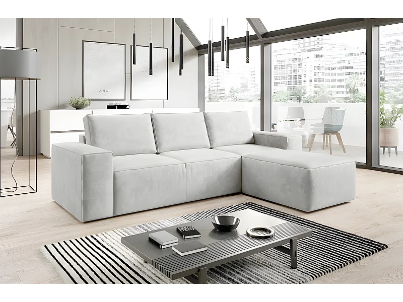 Canapé d'angle convertible - SIDNEY VELOURS - en tissu Luxe - 5/6 places, blanc cassé, angle droit (vu de face)