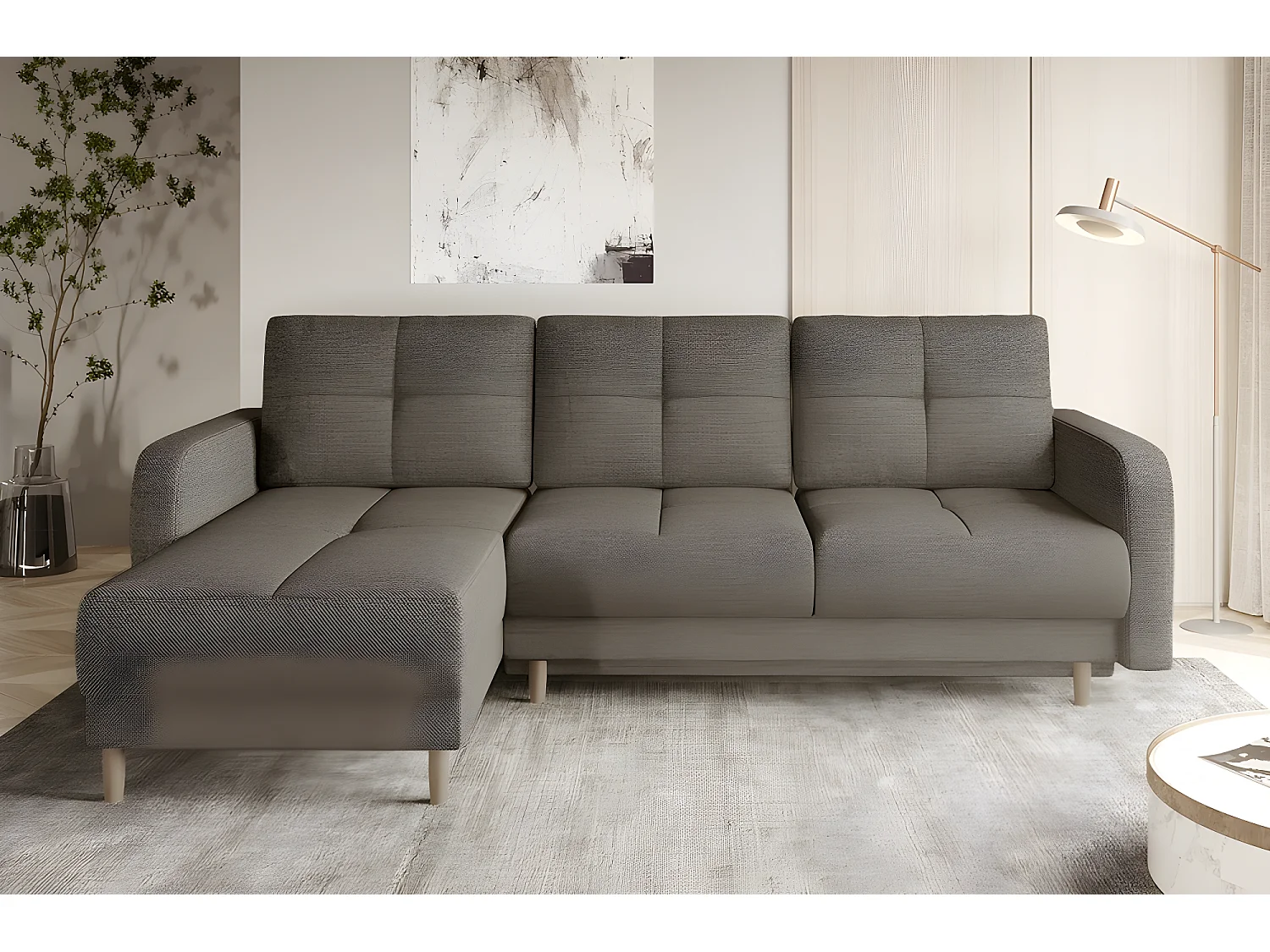 Canapé d'angle convertible en tissu luxe, rangement - beige, angle gauche (vu de face), ROXANE