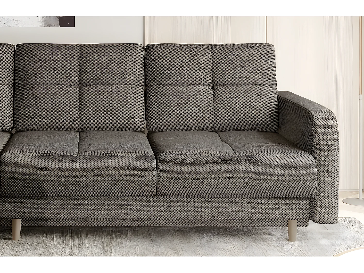 Canapé d'angle convertible en tissu luxe, rangement - beige, angle gauche (vu de face), ROXANE