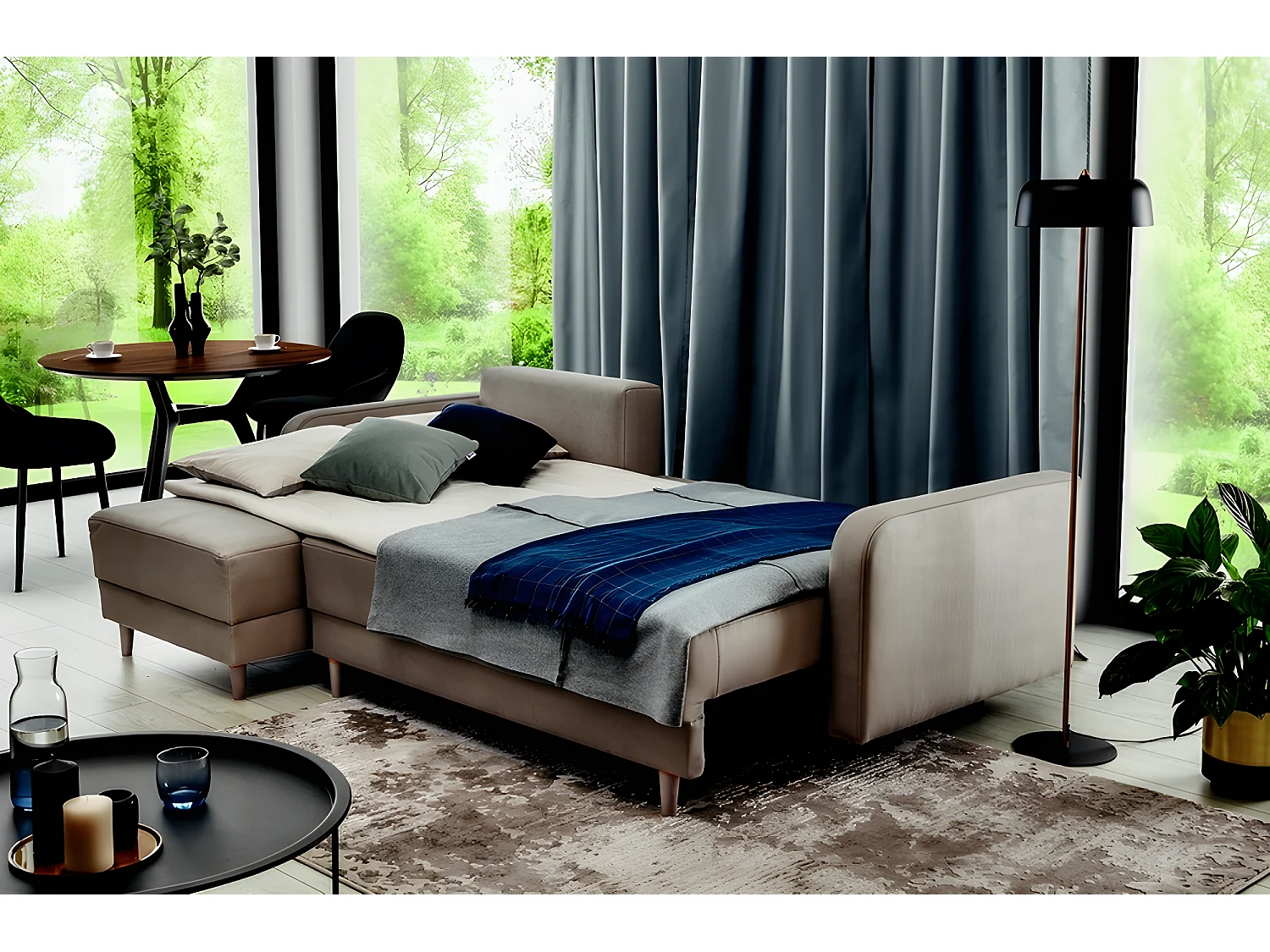 Canapé d'angle convertible en tissu luxe, rangement - beige, angle gauche (vu de face), ROXANE