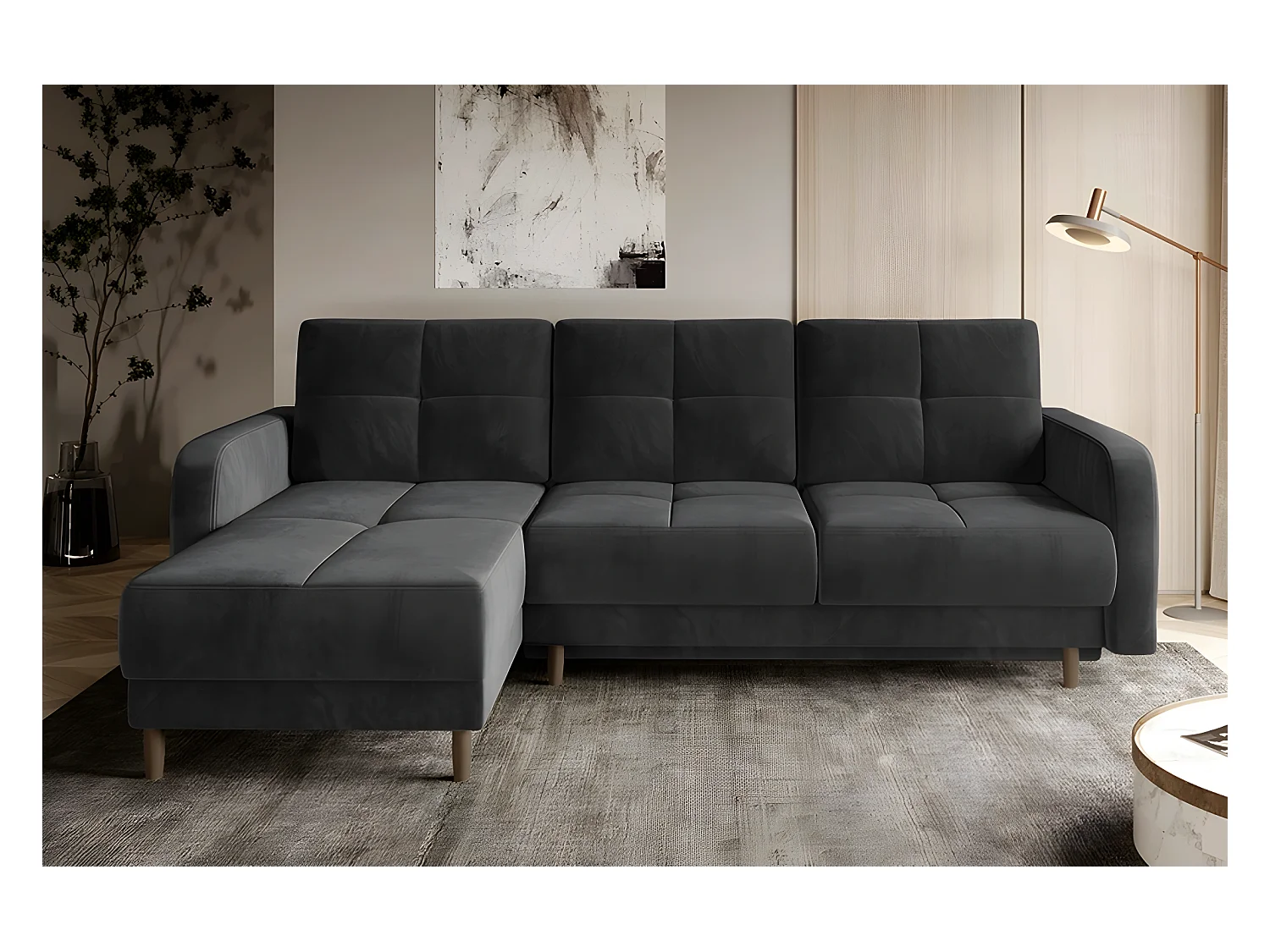 Canapé d'angle convertible en tissu velours luxe, rangement - gris foncé, angle gauche (vu de face), ROXANE VELOURS