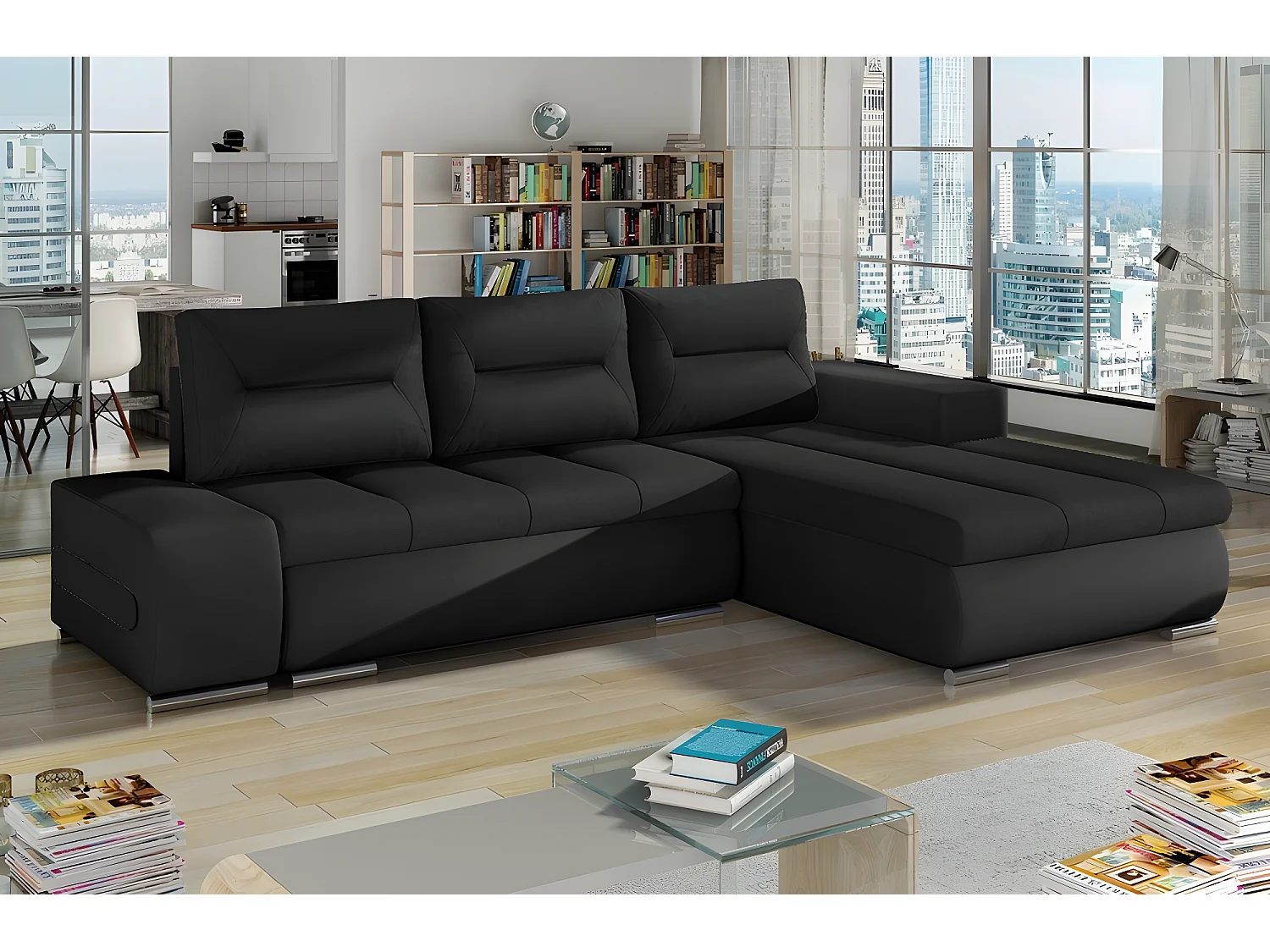 Canapé d'angle convertible en tissu luxe noir et simili cuir noir, 5 places, angle droit (vu de face) - OTELLO