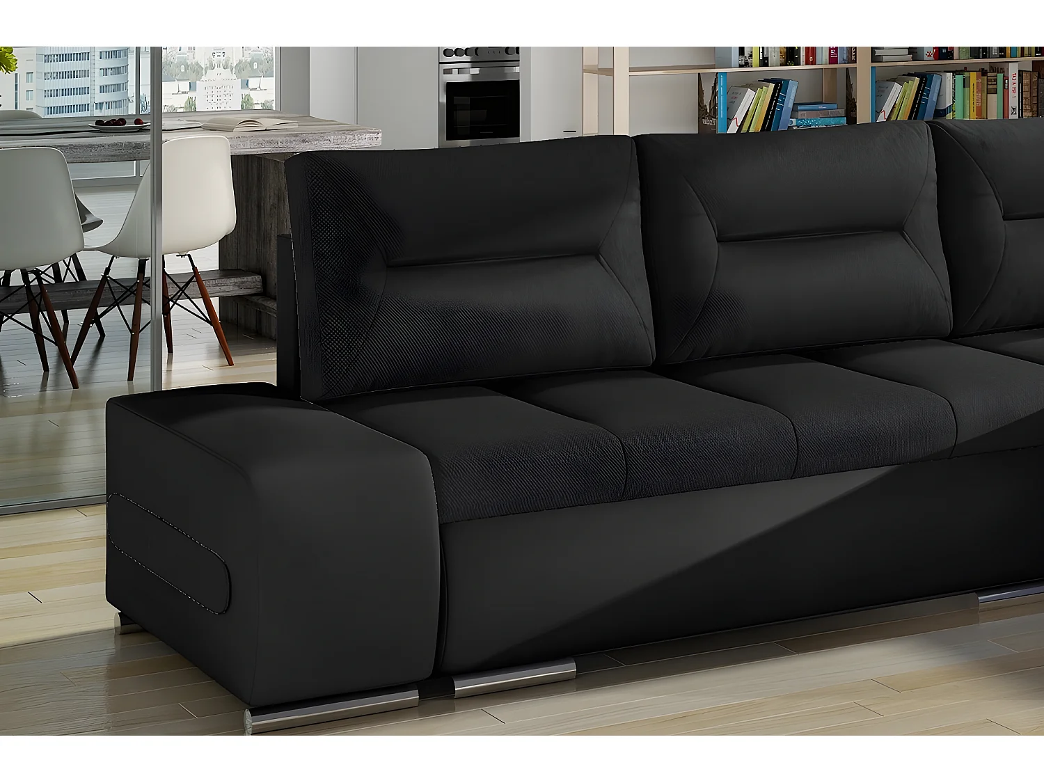 Canapé d'angle convertible en tissu luxe noir et simili cuir noir, 5 places, angle droit (vu de face) - OTELLO